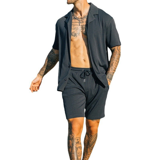 Men’s Beach Style Outfit – Button-Up Shirt & Shorts Two-Piece Set - Mucheno Spot