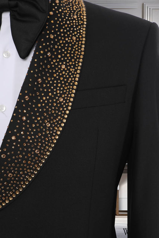 Black/ White and Gold Glitter Lapel Tuxedo – Super 200’s Wool Two-Piece - Mucheno Spot
