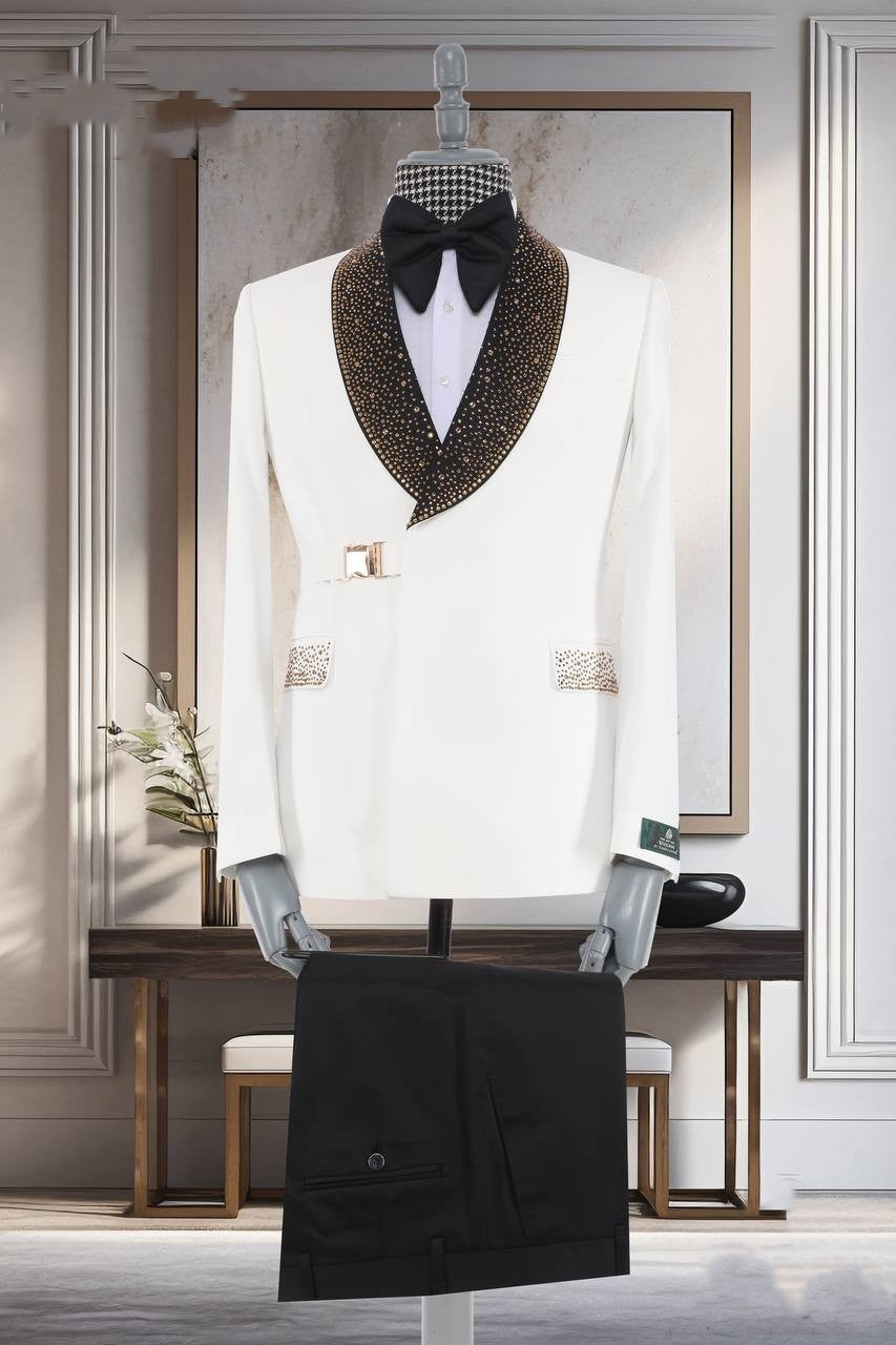 Black/ White and Gold Glitter Lapel Tuxedo – Super 200’s Wool Two-Piece - Mucheno Spot