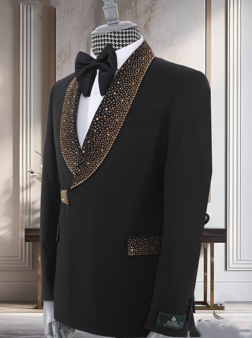 Black/ White and Gold Glitter Lapel Tuxedo – Super 200’s Wool Two-Piece - Mucheno Spot