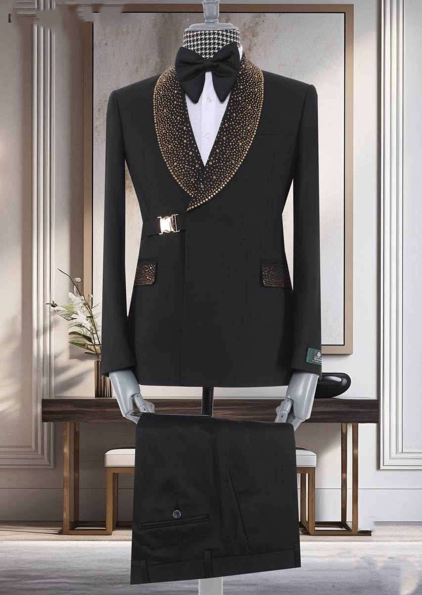 Black/ White and Gold Glitter Lapel Tuxedo – Super 200’s Wool Two-Piece - Mucheno Spot