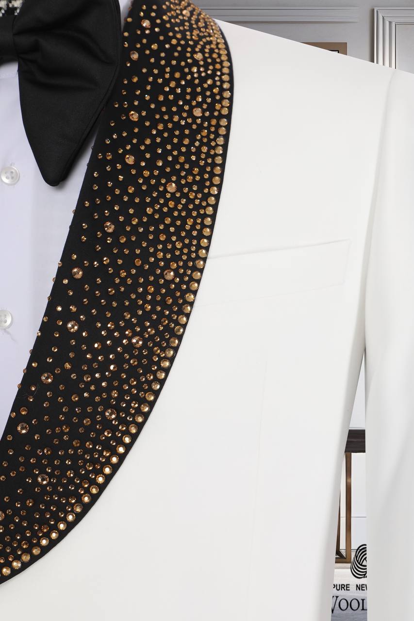 Black/ White and Gold Glitter Lapel Tuxedo – Super 200’s Wool Two-Piece - Mucheno Spot