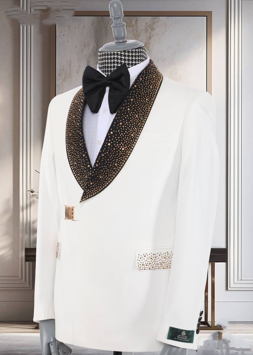 Black/ White and Gold Glitter Lapel Tuxedo – Super 200’s Wool Two-Piece - Mucheno Spot